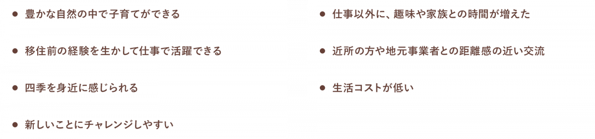 豊かな自然の中で子育てができる / 仕事以外に、趣味や家族との時間が増えた / 移住前の経験を生かして仕事で活躍できる / 近所の方や地元事業者との距離感の近い交流 / 四季を身近に感じられる / 生活コストが低い / 新しいことにチャレンジしやすい
