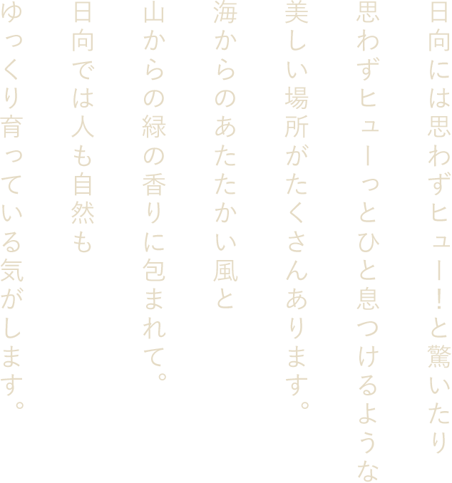 日向には思わずヒュー！と驚いたり、思わずヒューっとひと息つけるような、美しい場所がたくさんあります。海からのあたたかい風と山からの緑の香りに包まれて。日向では人も自然もゆっくり育っている気がします。